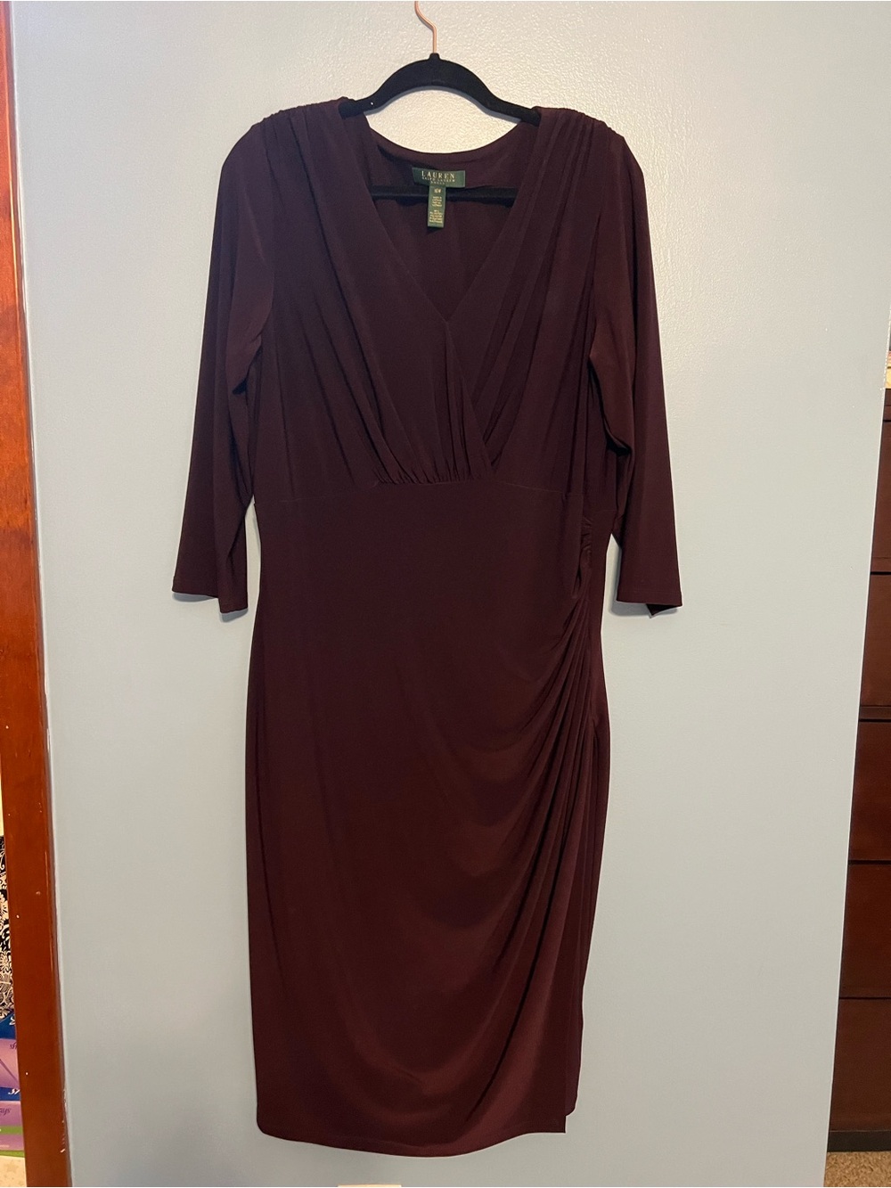 Lauren Ralph Lauren burgundy Faux-Wrap Midi Dress 3/4 sleeve